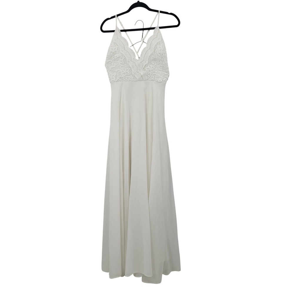 Lulus White Lace Bodice Chiffon Maxi Dress Crisscross Back Wedding Rehearsal S